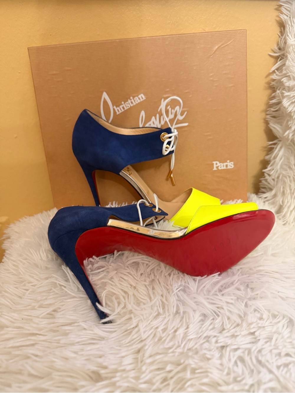 Christian Louboutin Blue Suede and Neon Yellow Lace-Up High Heel Sandals